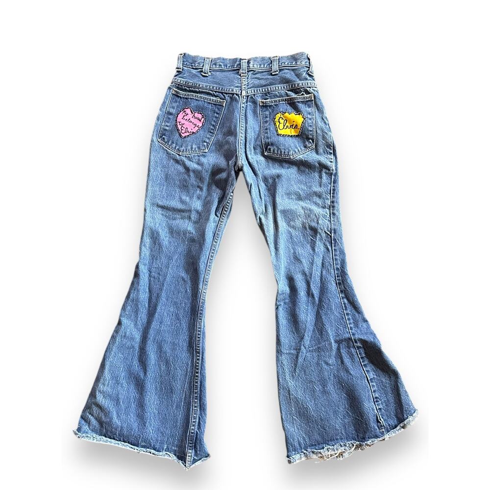 RARE Vintage Handmade Elvis Patchwork Bell Bottom Flared Jeans Fanmade - Picture 3 of 10